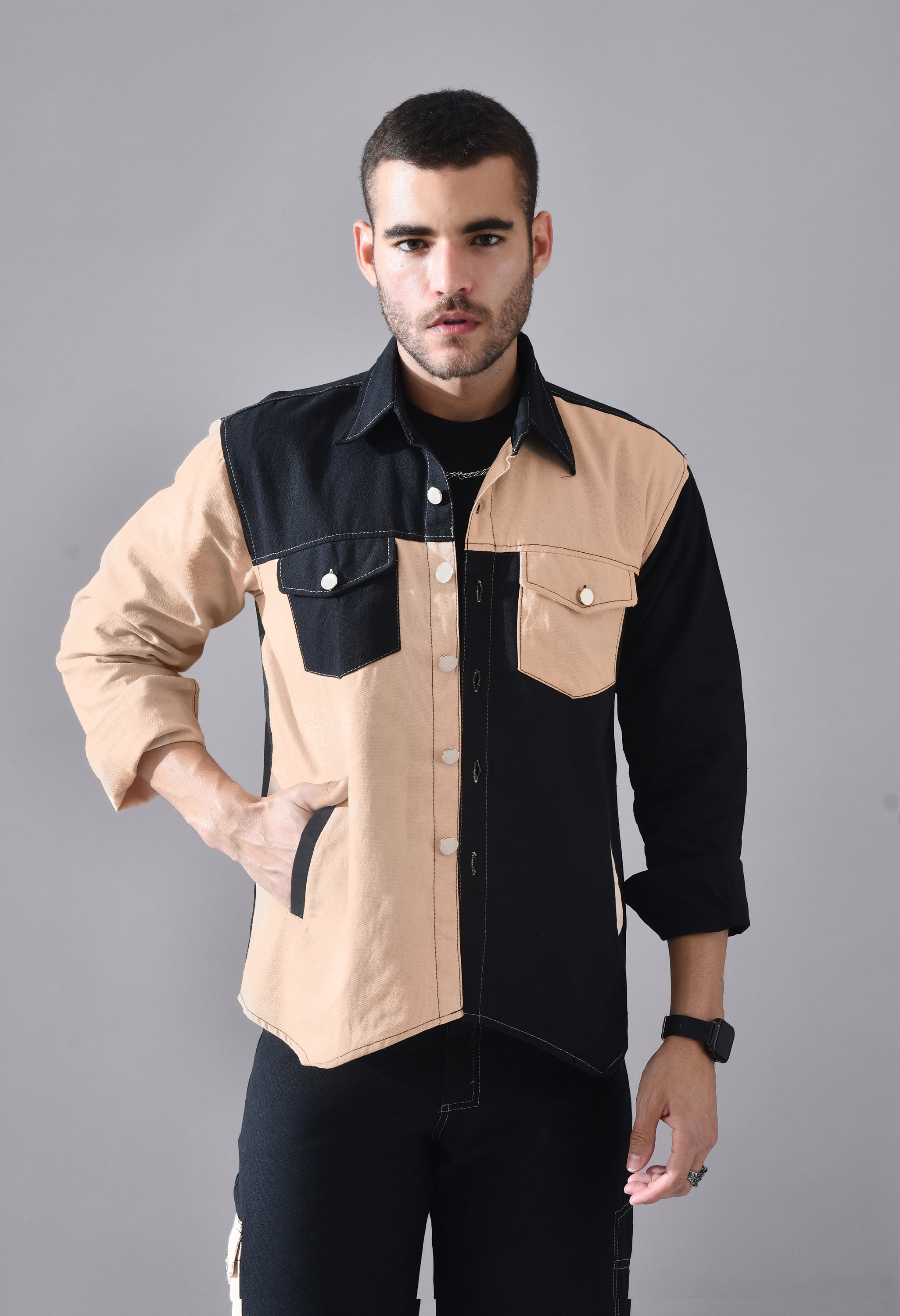 Unisex Colour-Blocked Shacket | Modern Streetwear Overshirt for All Genders