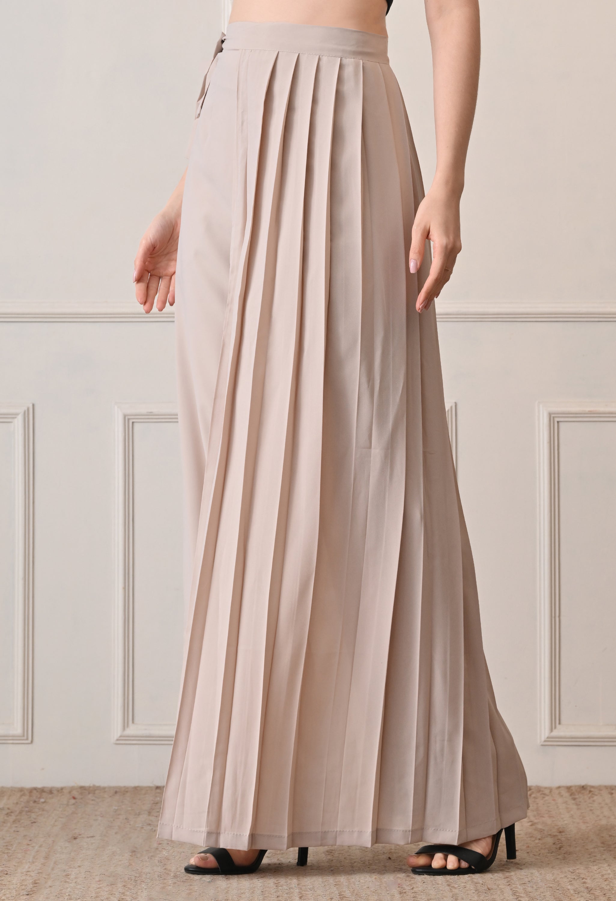 Elan Lumiere Elegant High-Waist Pants With Detachable Wrap Around | Women’s Trousers with Draped Pleated Wrap Around