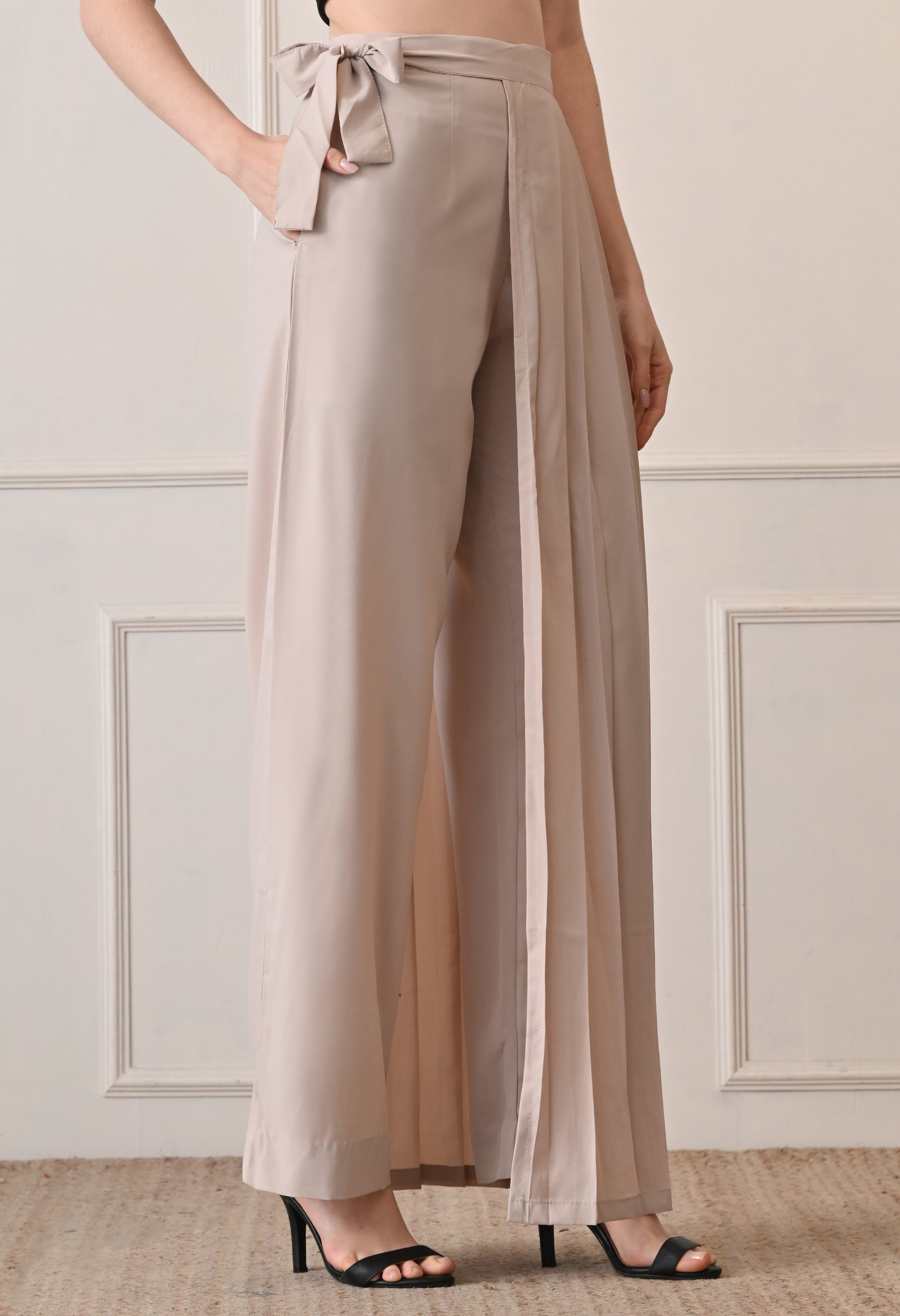 Elan Lumiere Elegant High-Waist Pants With Detachable Wrap Around | Women’s Trousers with Draped Pleated Wrap Around