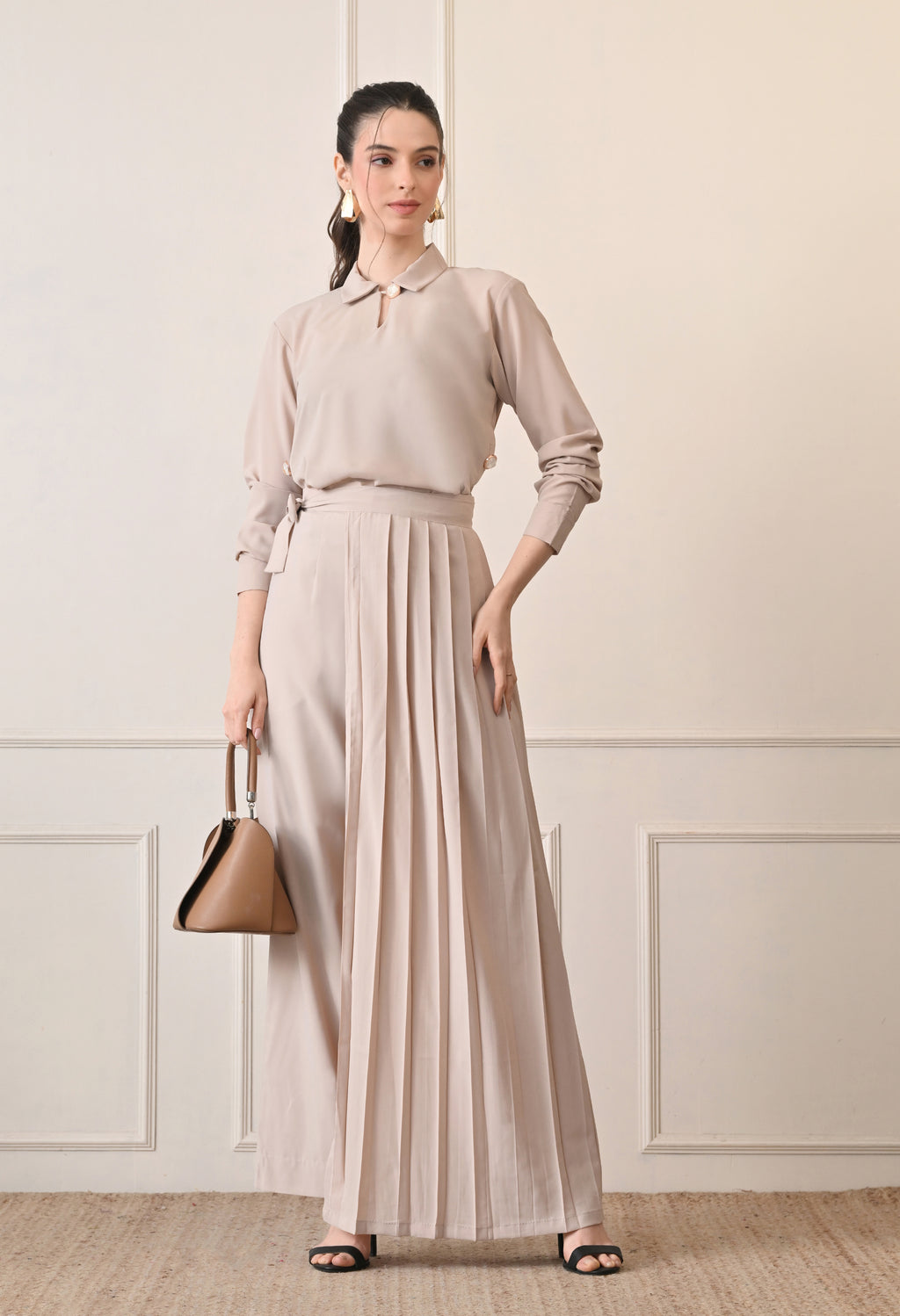 Elan Lumiere Elegant High-Waist Pants With Detachable Wrap Around | Women’s Trousers with Draped Pleated Wrap Around