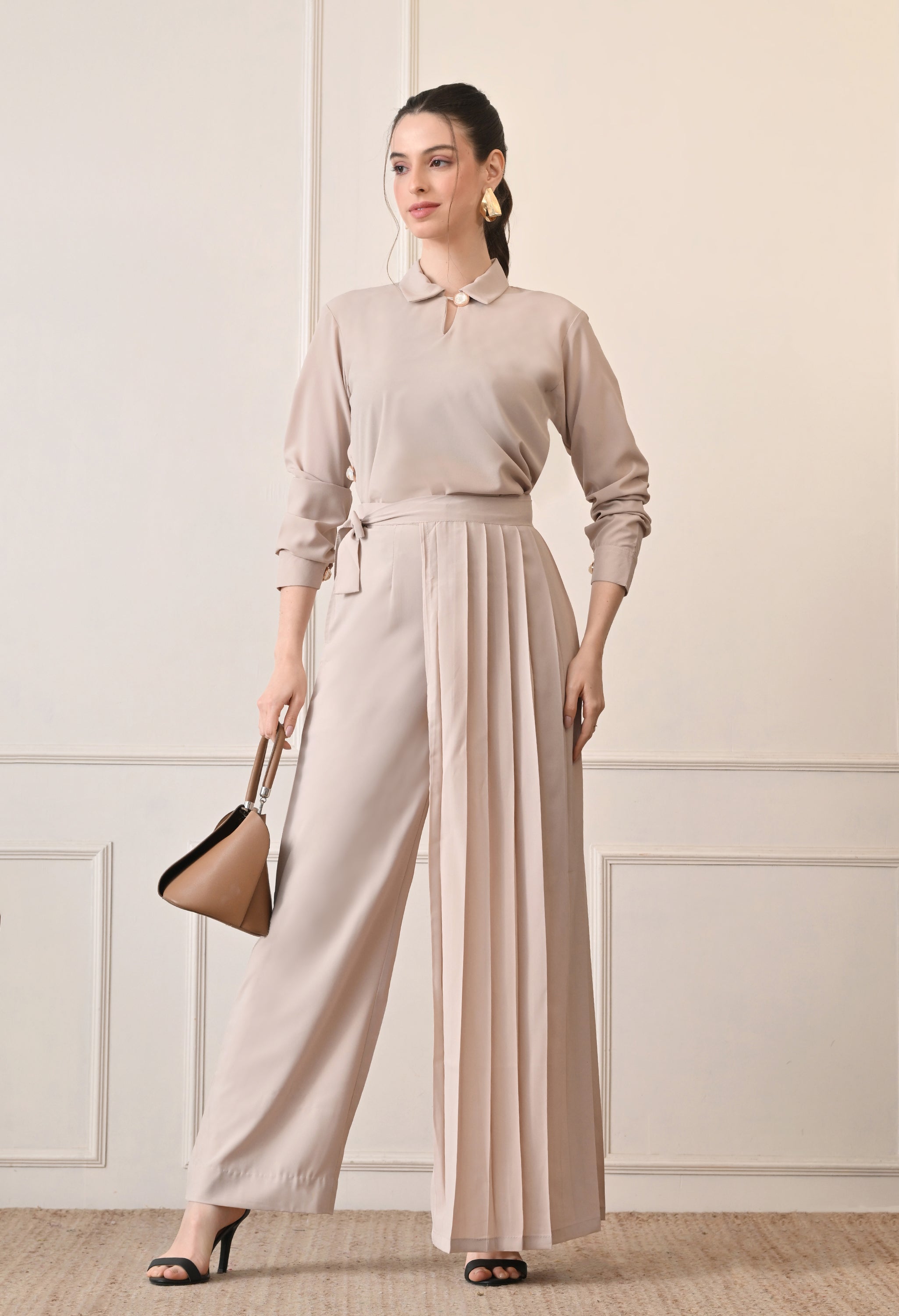 Elan Lumiere Elegant High-Waist Pants With Detachable Wrap Around | Women’s Trousers with Draped Pleated Wrap Around