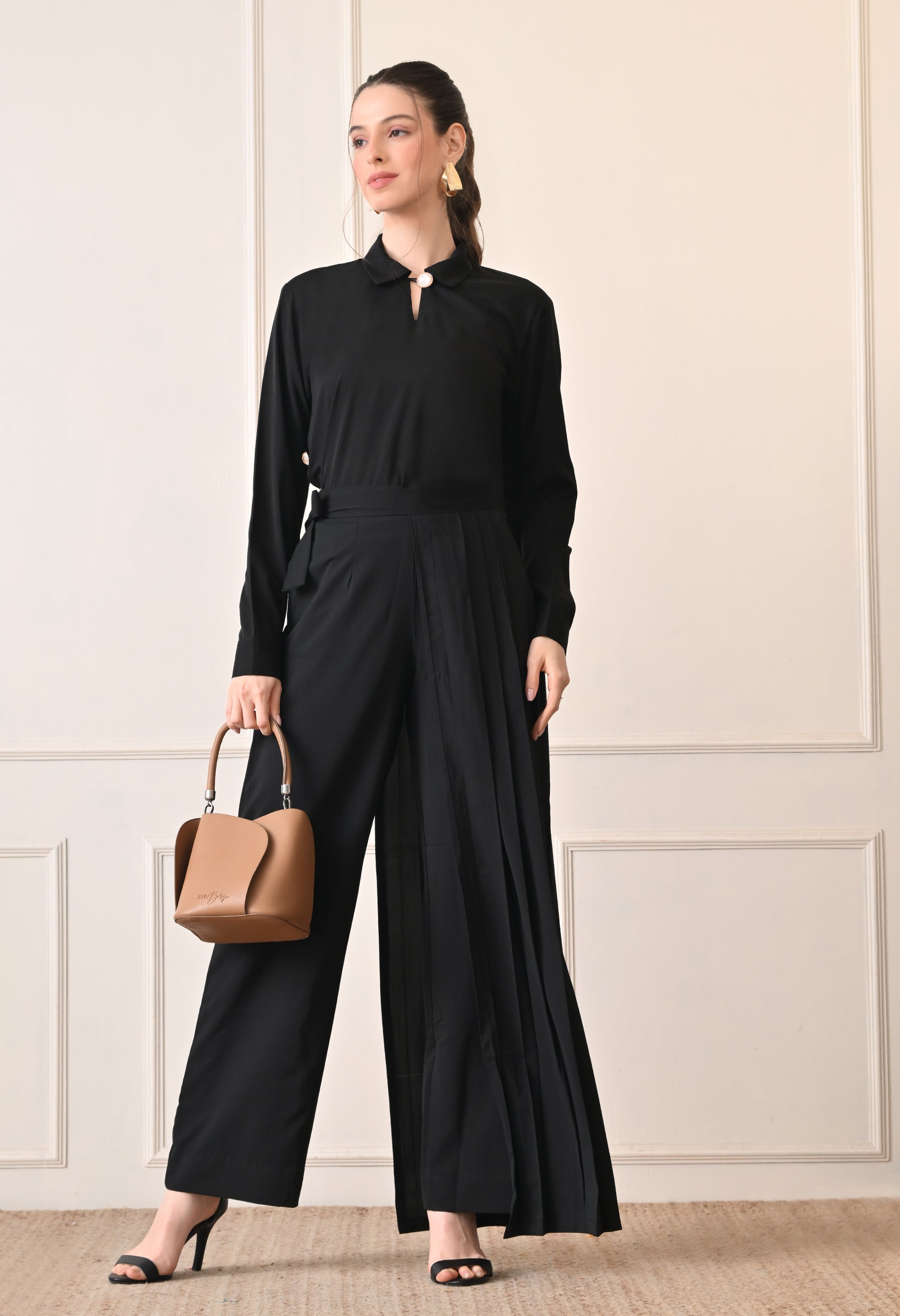 Elan Lumiere Elegant High-Waist Pants With Detachable Wrap Around | Women’s Trousers with Draped Pleated Wrap Around